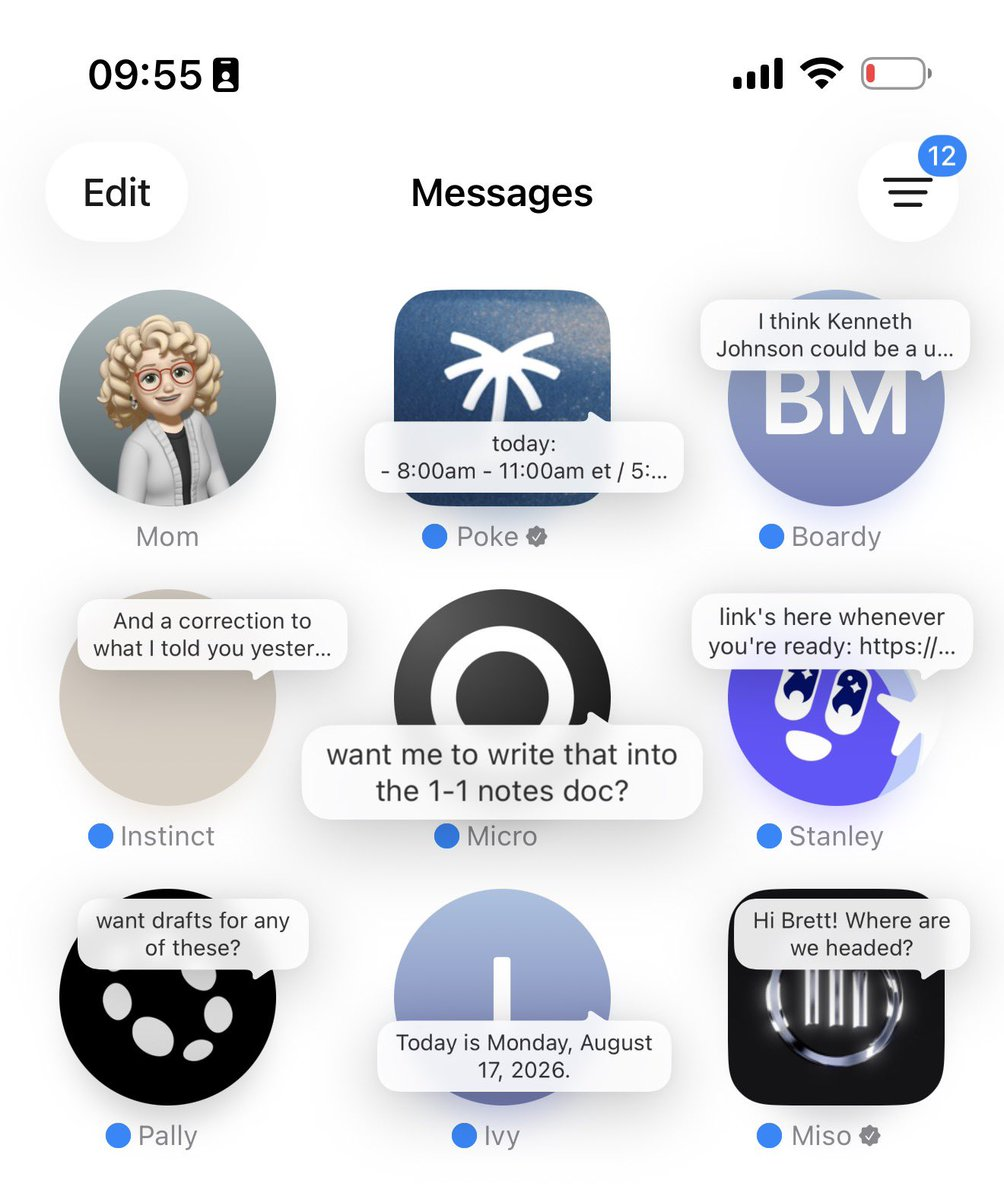 iMessage inbox showing conversations with people and AI agents