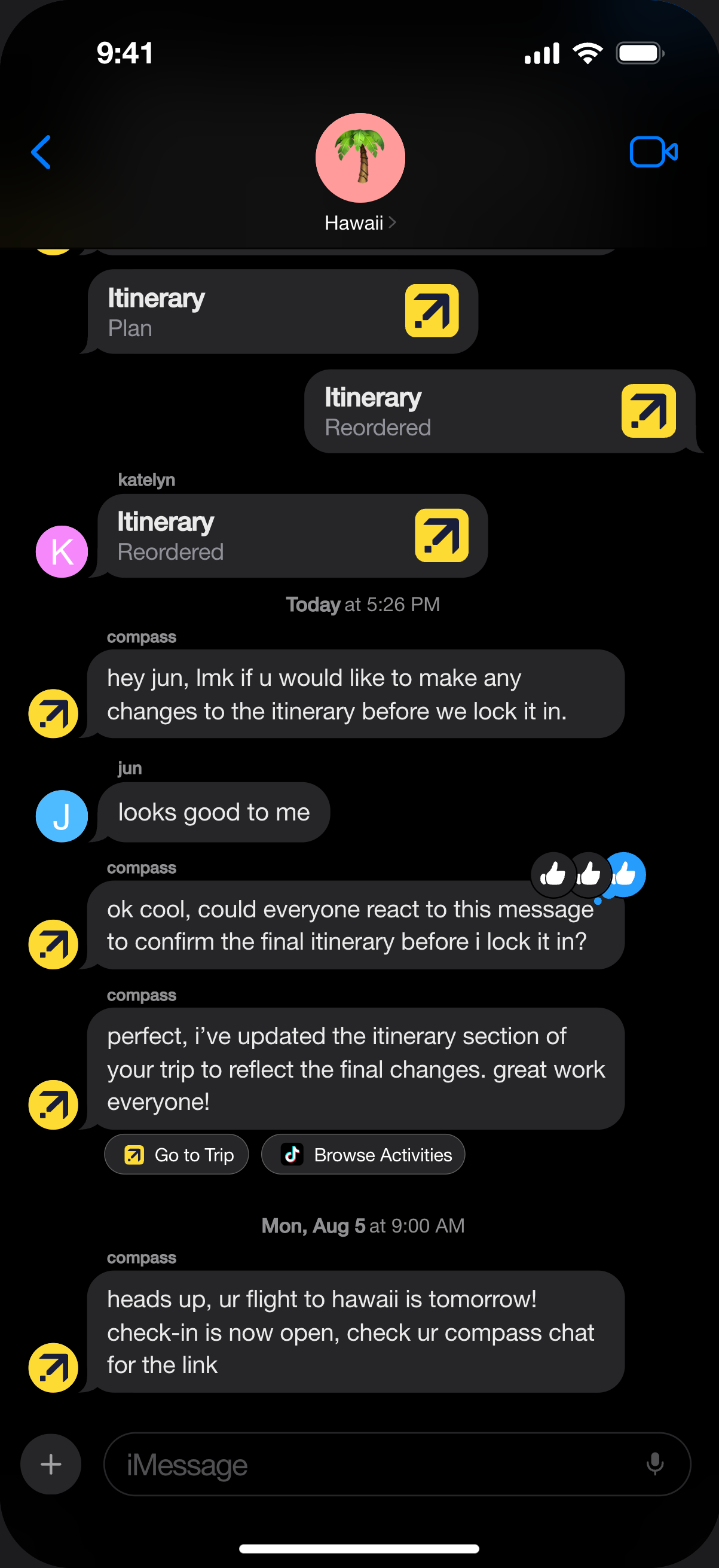 Compass itinerary messages and itinerary plan shortcut