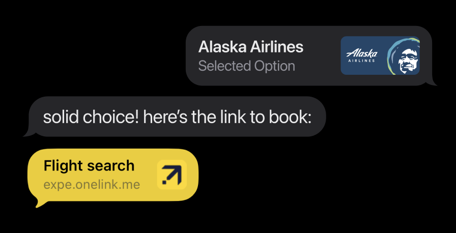 Compass one-to-one chat with a selected Alaska Airlines option and booking link