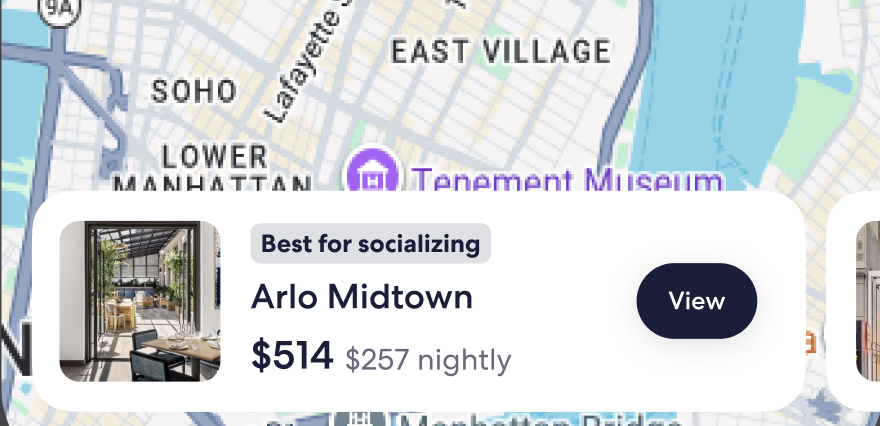 Hotel map with the Arlo Midtown carousel card