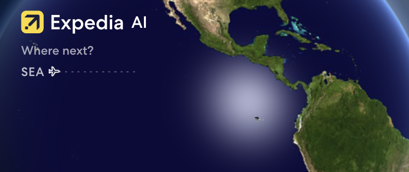 Expedia AI onboarding globe with flight origin details