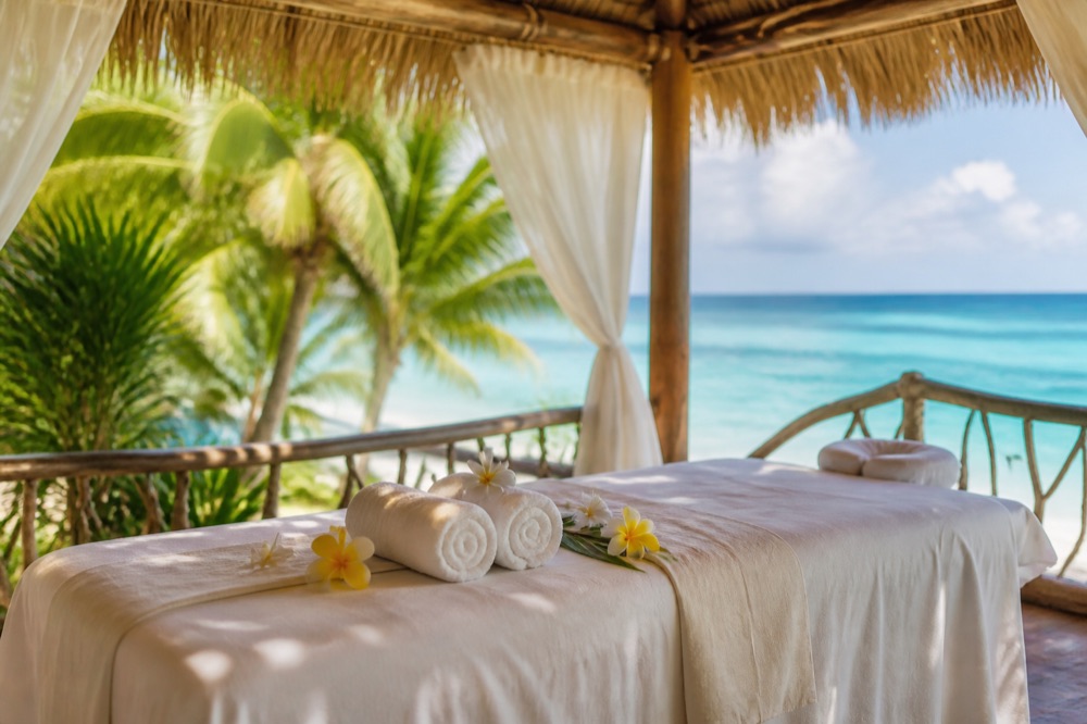Body massage: an open-air massage table under a thatched cabana by the beach (5 of 7)