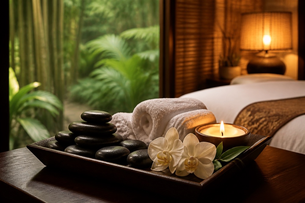 Body massage: hot stones, orchids and a candle beside a treatment bed (6 of 7)