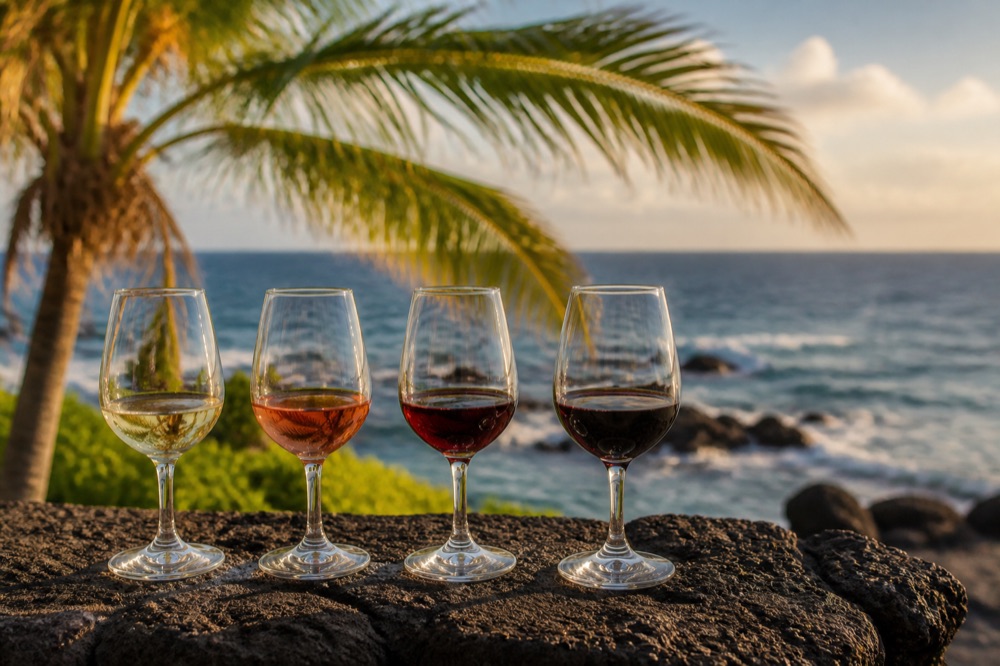 Wine tasting: a flight of four wines on a lava rock ledge above the ocean (2 of 7)