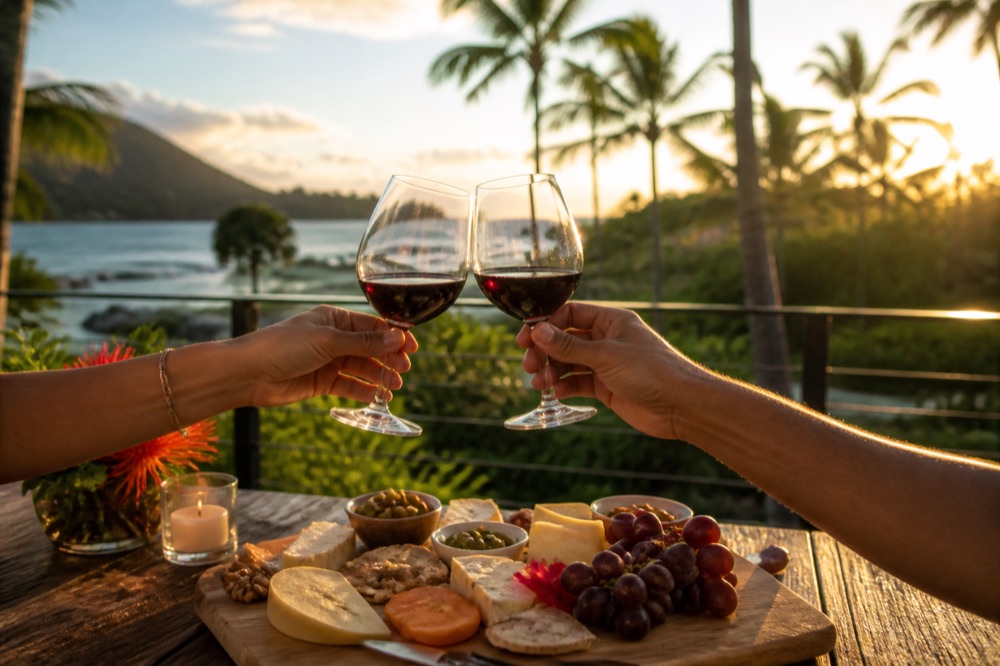 Wine tasting: two glasses of red clinked over a cheese board at sunset (3 of 7)