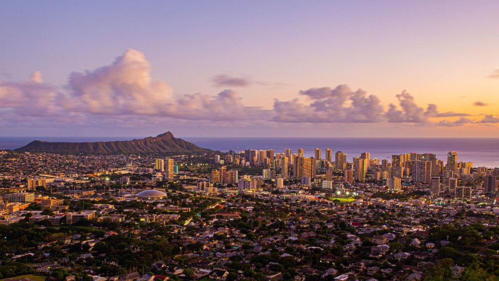 Honolulu at sunset from the hills, with Diamond Head on the horizon