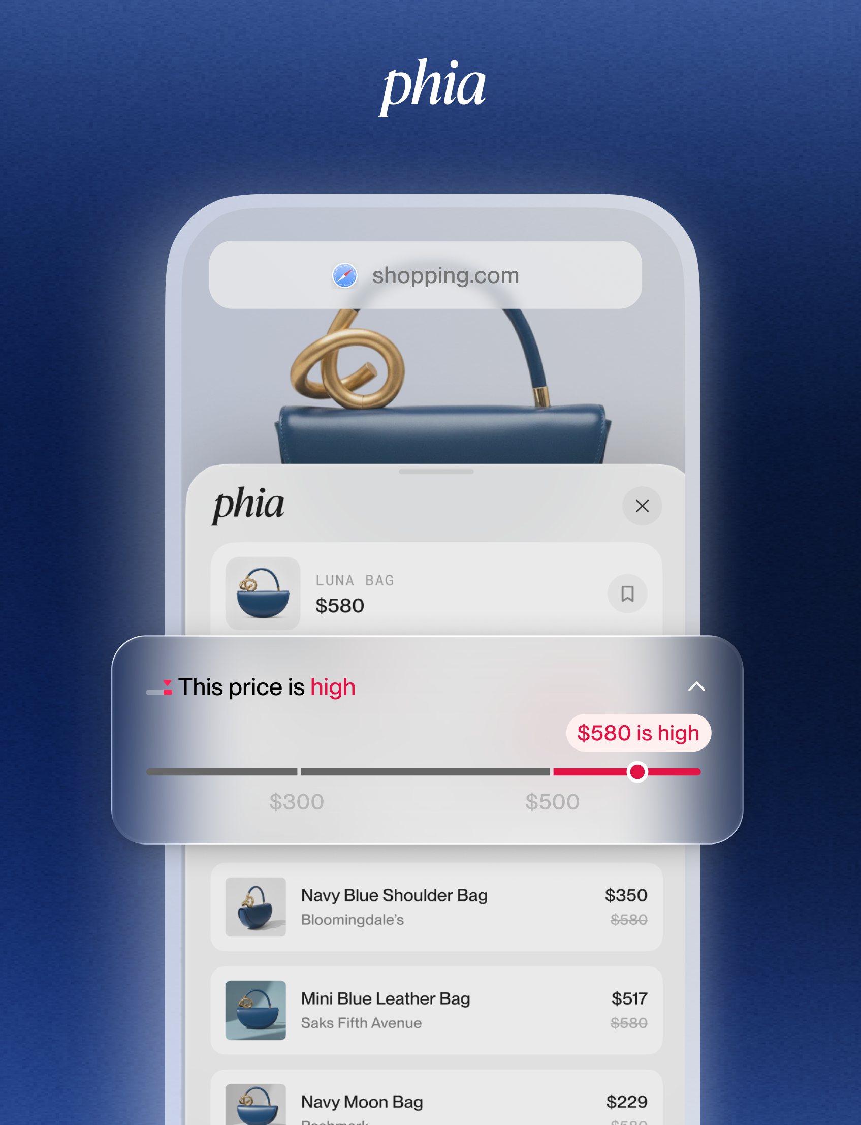 Phia mobile shopping price comparison interface