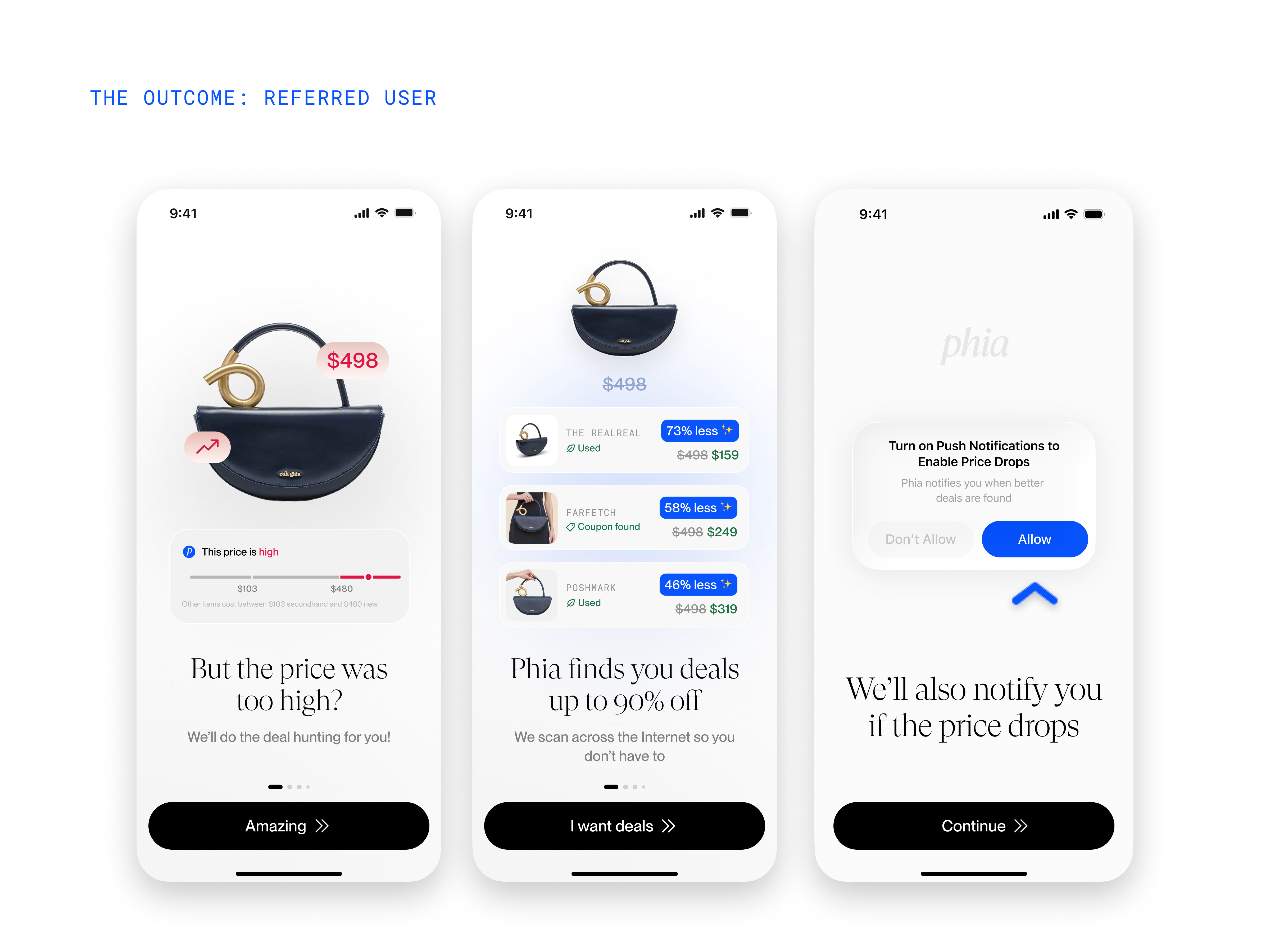 Referred user price outcome screens