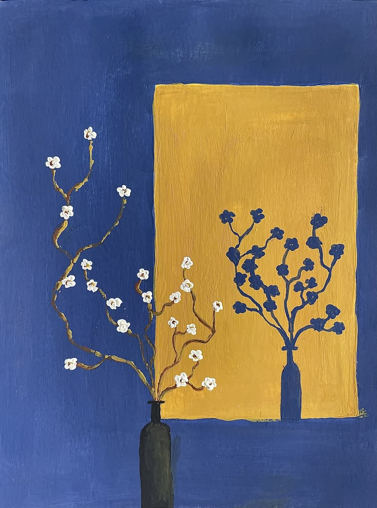 Blue and yellow painting of branches in a vase