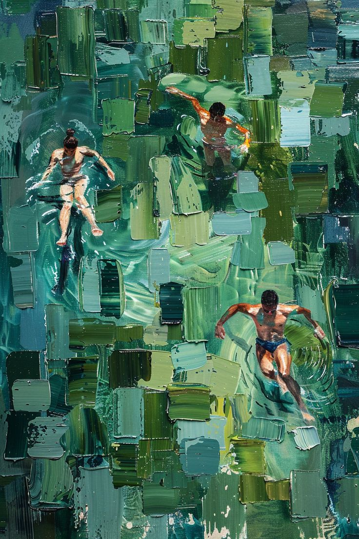 Textured green painting with swimmers moving through water
