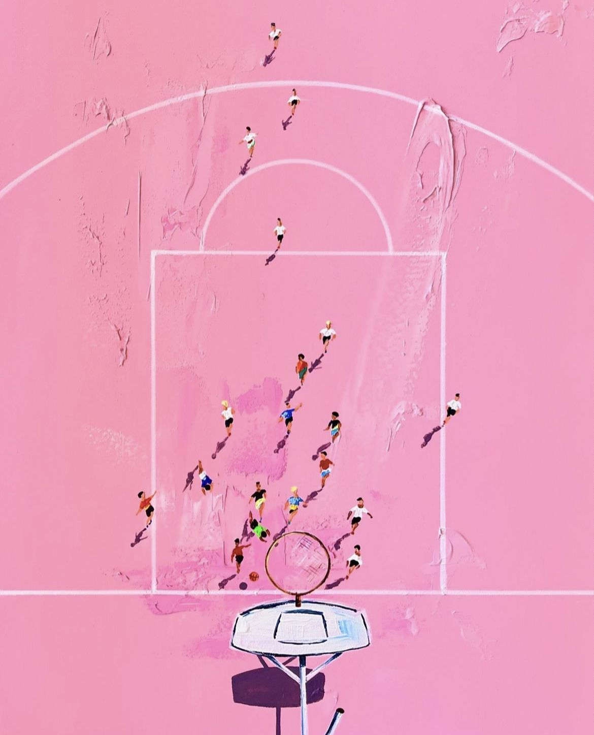 Pink basketball court viewed from above with small players