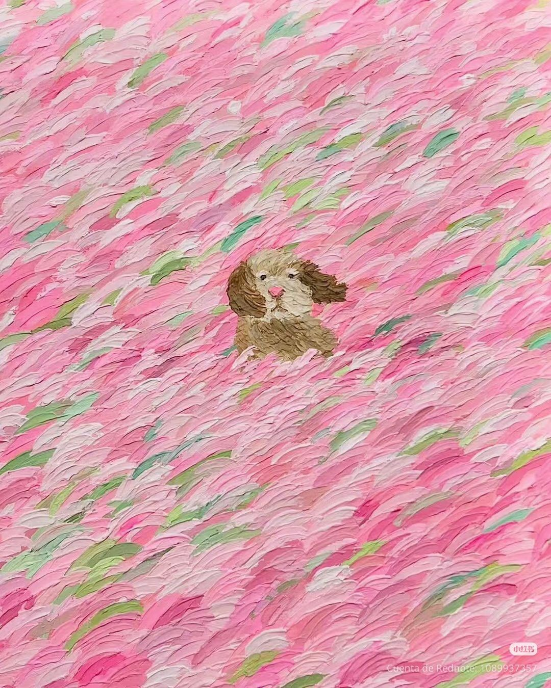 Small dog painted in a field of pink brush strokes