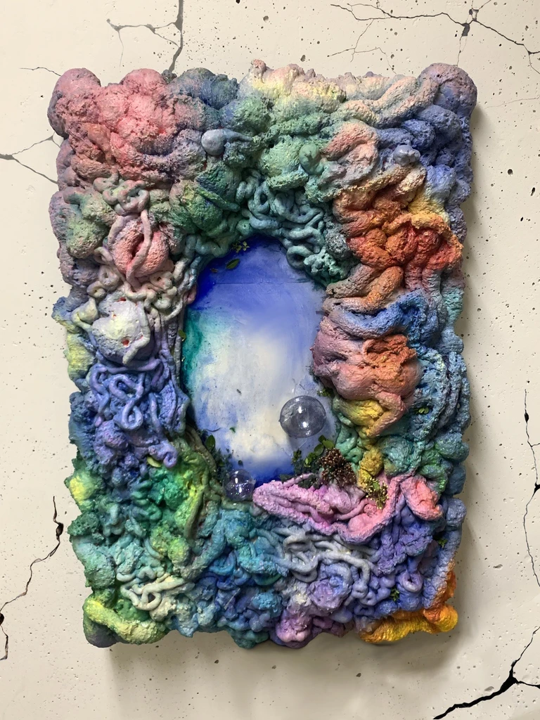 Colorful sculptural mixed media frame with glass bubbles