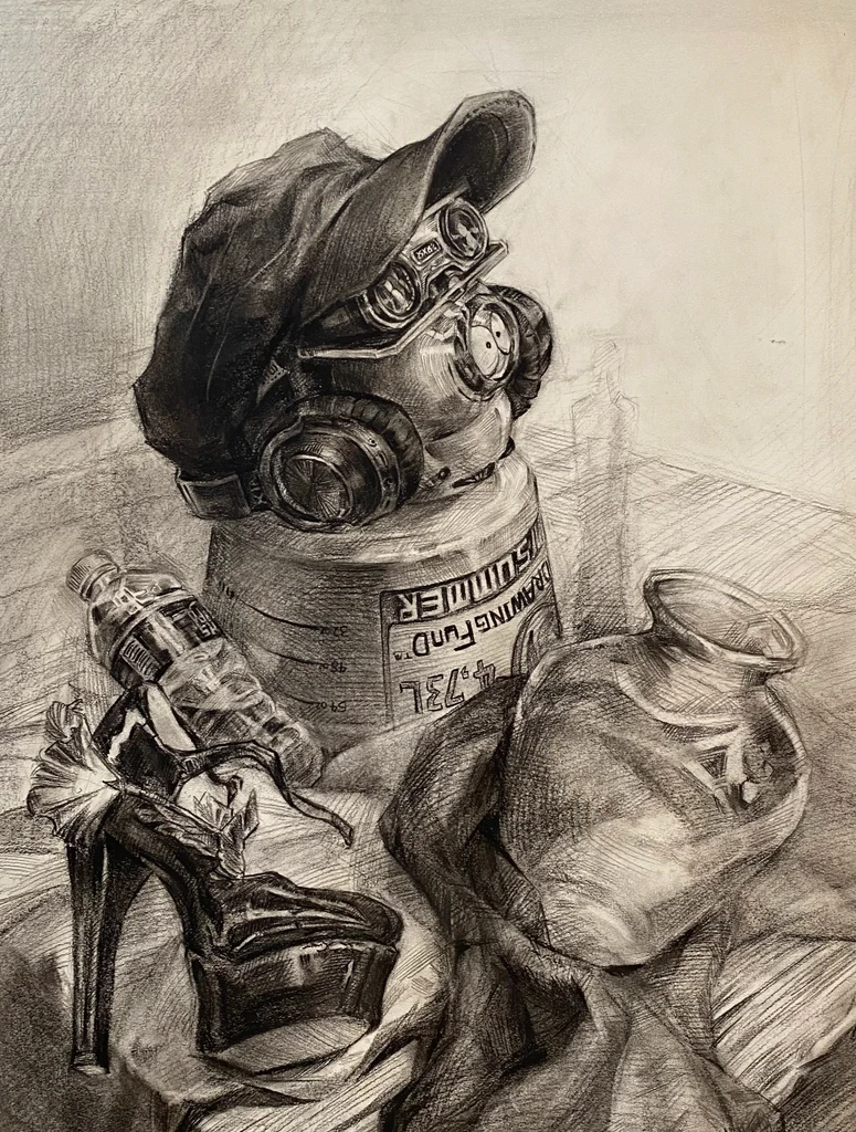Graphite still life drawing with hat goggles can and shoe