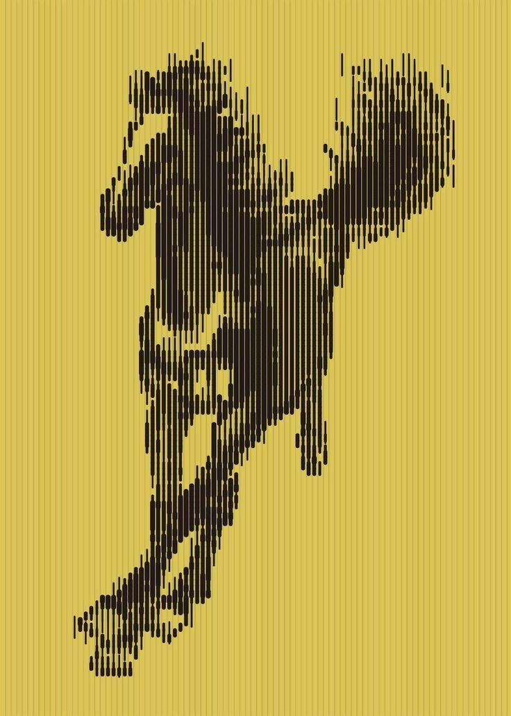 Graphic yellow runner illustration made from vertical black marks